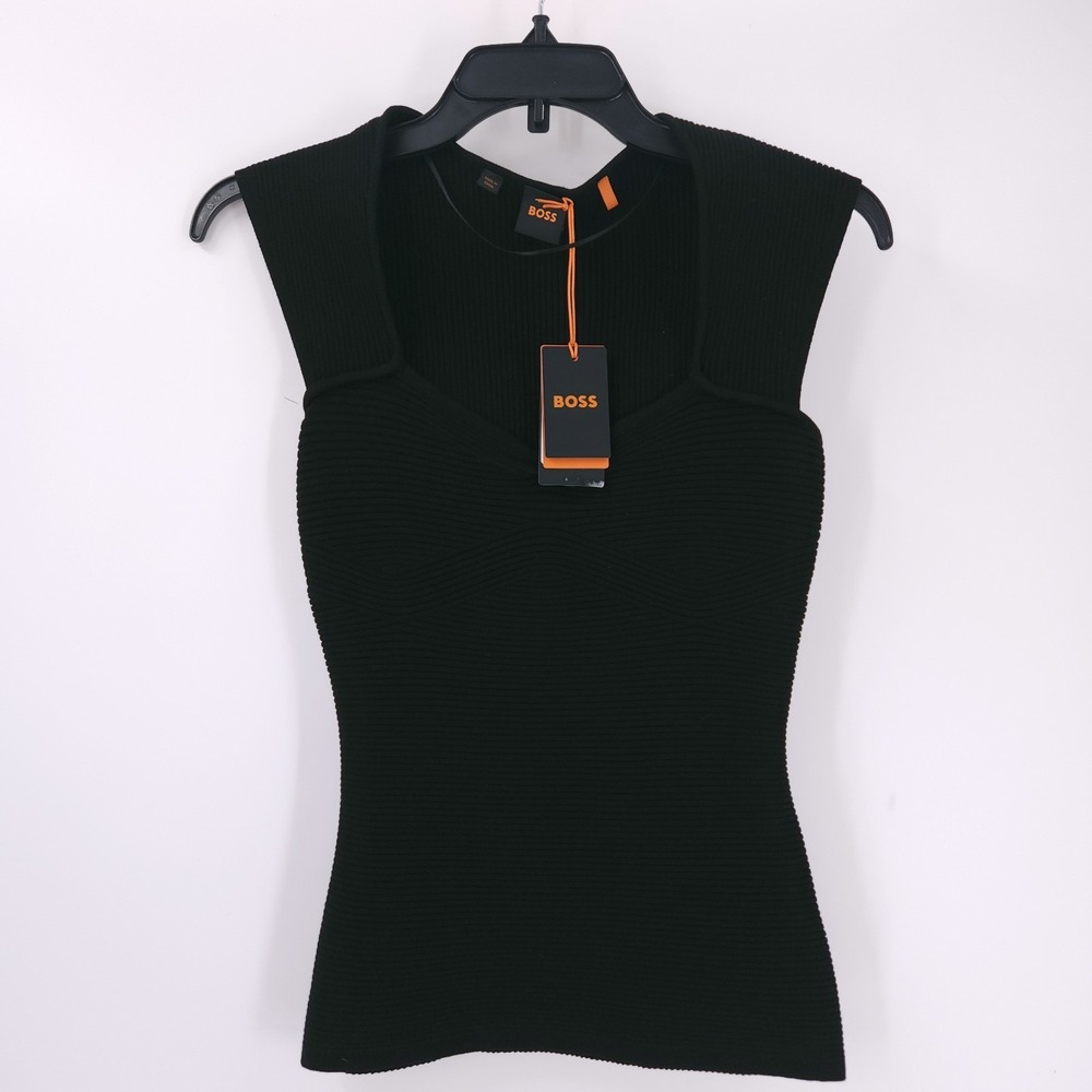 Boss Orange Fobertino Rib Black Stretch Short Sleeve Top Shirt Womens S NWT